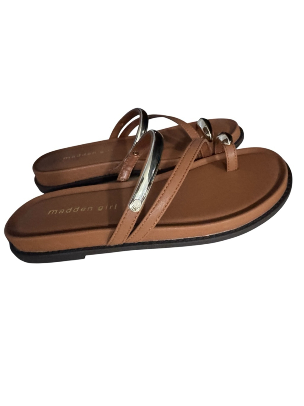 New Madden Girl Brown & Gold Flat Sandals Size 7, toe ring, straps - Picture 7 of 9